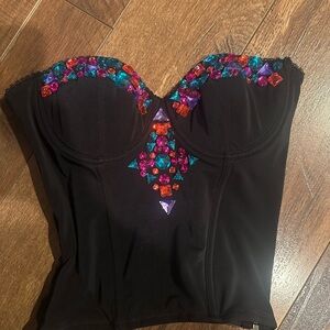 Forever 21 Black and Pink Embellished Bustier Bodysuit